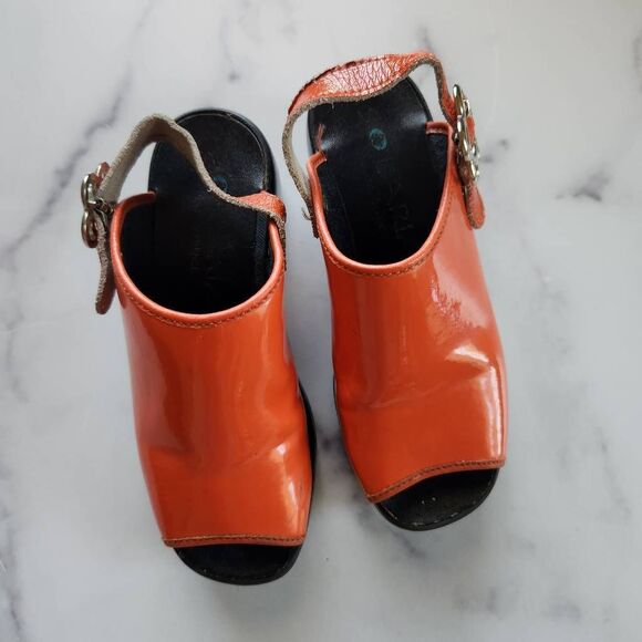 French 70s vintage glossy patent orange slingback wedge peep open toe size 12 ki - Picture 4 of 8